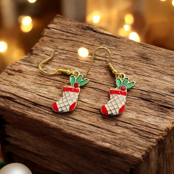 Stocking Holiday Sock Holly Festive Dangle Earrings - Picture 2 of 2